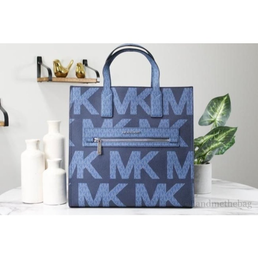 NWT Michael Kors Kenly Large Graphic Blue North South Tote Handbag Purse NEW